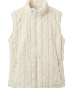 MXO dames teddy fleece bodywarmer in offwhite met kabelstructuur, opstaande kraag en ritszakken