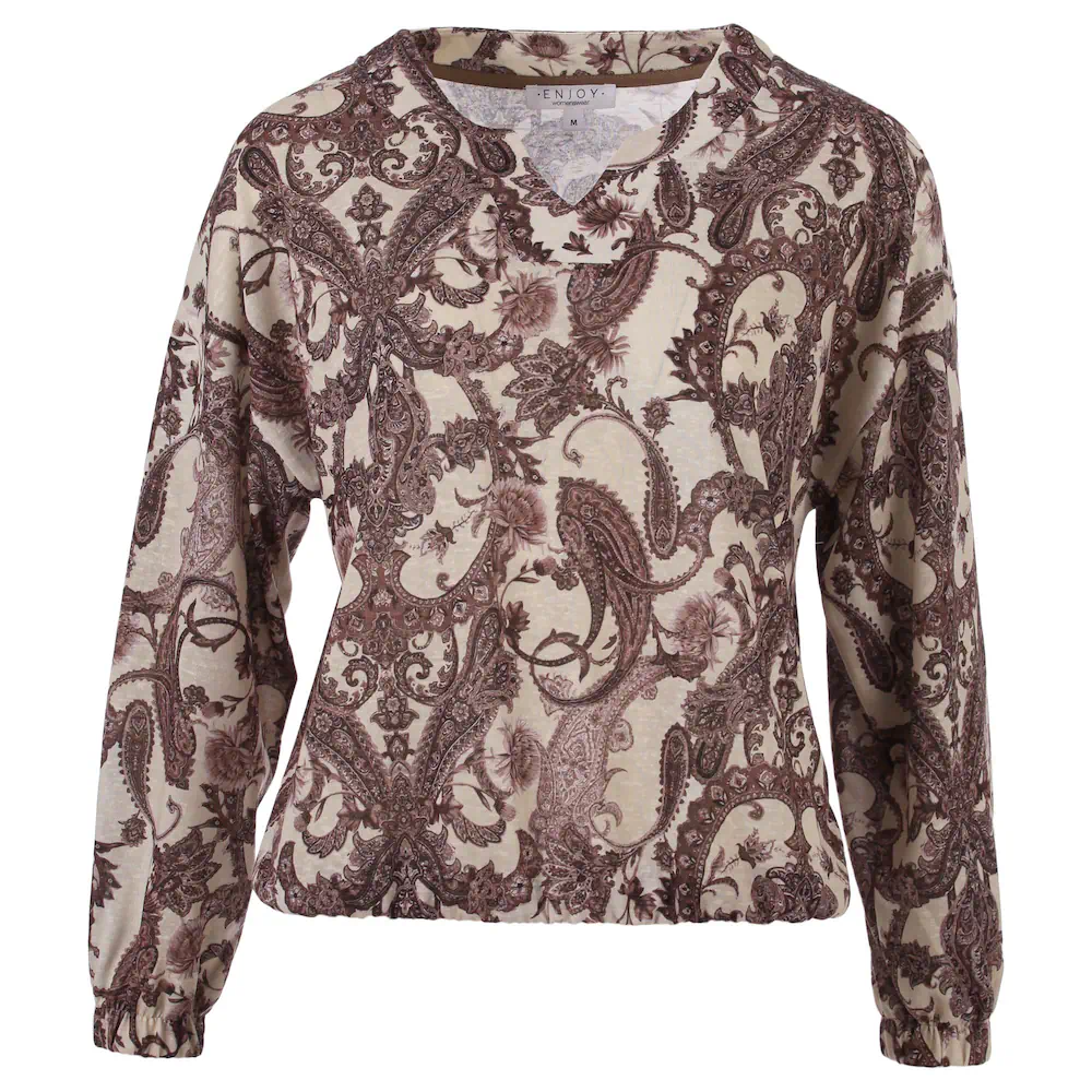 Enjoy dames dunne sweater met V-hals en all-over paisley dessin in bruin taupe en bordeaux