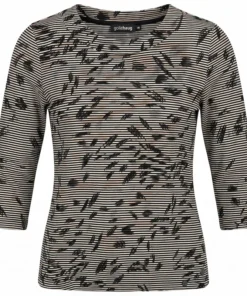 Gollehaug dames shirt met fijne streepjes en 3/4 mouwen in beige en zwart