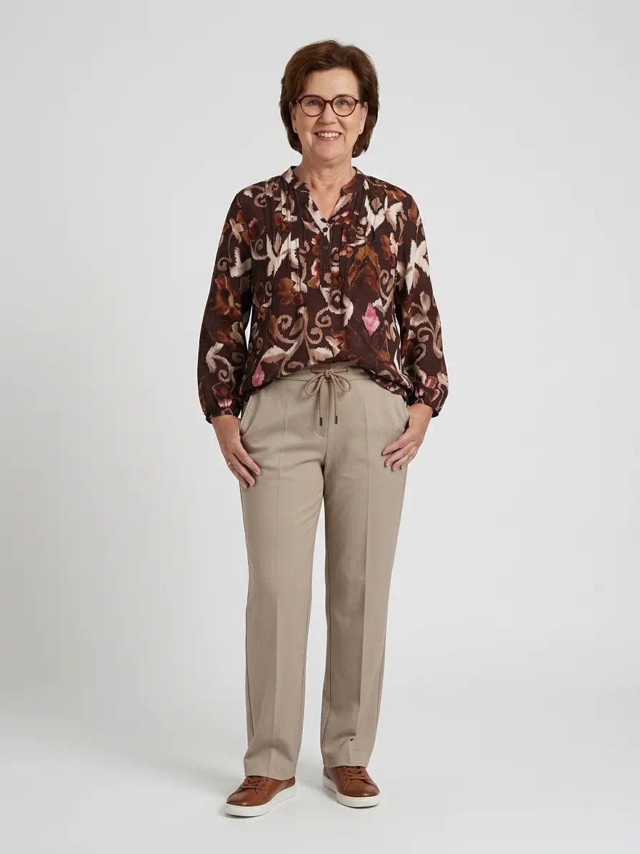 Enjoy dames blouse met driekwartmouwen en abstract paisley ikat dessin in donkerbruin, taupe en roze_model1