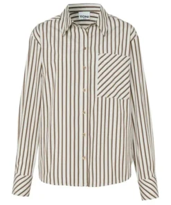 TONI dames blouse van katoen met crème en bruine strepen, reverkraag en opgestikte borstzak met diagonaal dessin