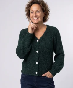 Enjoy dames vest harig gebreid in donkergroen met V-hals en lichte knopen op het voorpand_model