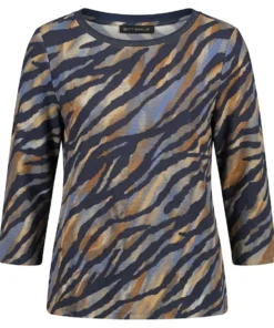 Betty Barclay dames shirt met driekwartmouwen en abstract tijgerdessin in blauw en bruin met glitterbies langs de hals