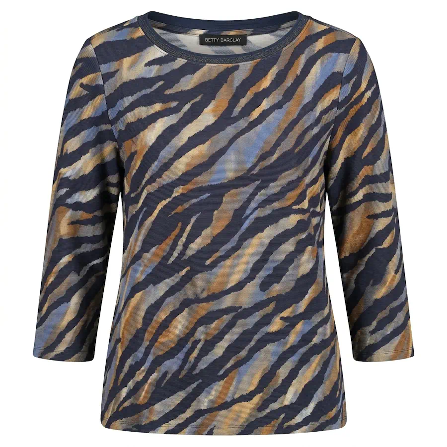 Betty Barclay dames shirt met driekwartmouwen en abstract tijgerdessin in blauw en bruin met glitterbies langs de hals