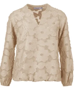 Enjoy dames blouse met lange mouwen en 3D bloemenstructuur in zand beige met elastische boord
