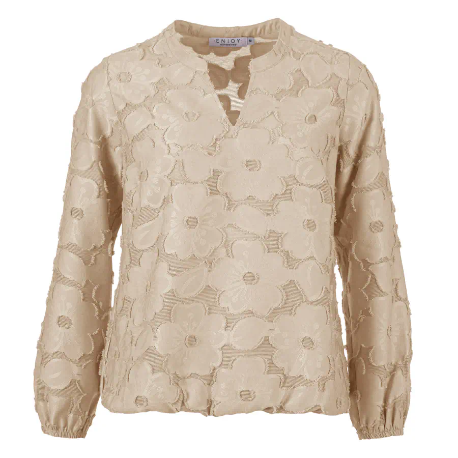 Enjoy dames blouse met lange mouwen en 3D bloemenstructuur in zand beige met elastische boord