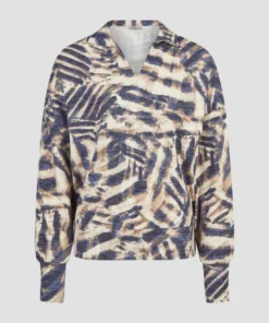 Barbara Lebek dames poloshirt met lange mouwen in grafisch dessin blauw met taupe en open polokraag