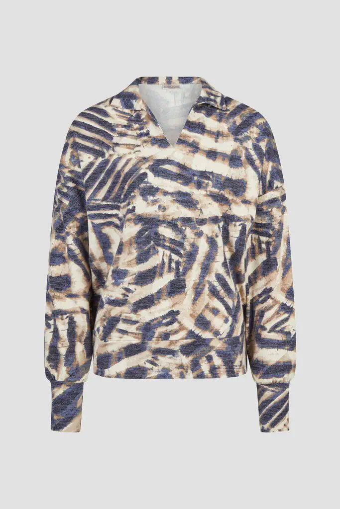 Barbara Lebek dames poloshirt met lange mouwen in grafisch dessin blauw met taupe en open polokraag