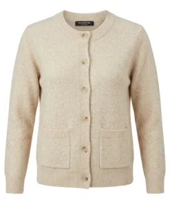 Signature dames vest gebreid in beige melange met ronde hals knoopsluiting en twee opgestikte zakken