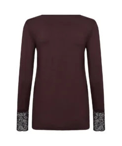 Soyaconcept dames shirt SC-Marica 226 in warm bruin met boothals en opengewerkt kanten manchet aan de mouwen_achter