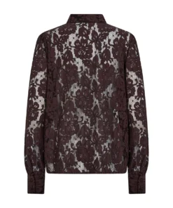 Soyaconcept dames blouse SC-Jiba 2 in bruin gebloemd kant met klassieke kraag en parelmoer knoopsluiting_achter