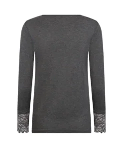 Soyaconcept dames shirt SC-Marica 226 in antracietgrijs met boothals en bloemenkant aan de mouwuiteinden_achter