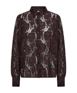 Soyaconcept dames blouse SC-Jiba 2 in bruin gebloemd kant met klassieke kraag en parelmoer knoopsluiting