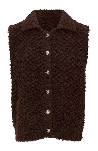 Dreamstar dames gilet Camilla in bruine bouclé kwaliteit met nette kraag en chique knopen