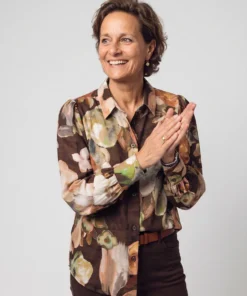 FOS Amsterdam dames doorknoopblouse Evita met aquarel bloemenboeket dessin in bruin en crèmetinten_1
