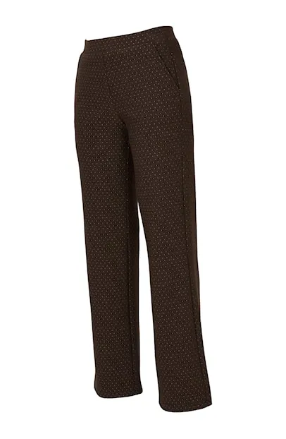 Dreamstar dames broek Fabo in bruin met subtiel stippenmotief, comfortabele tailleband en rechte pijpen