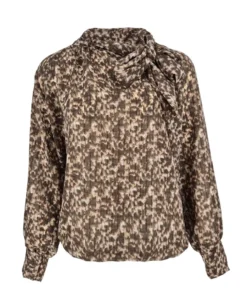 FOS Amsterdam dames blouson top Bodhi met strikdetail bij de hals en elastische onderboord in gemêleerd bruin dessin