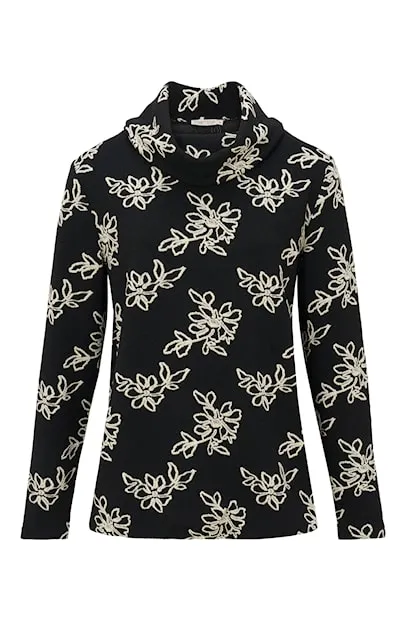 Dreamstar dames blouson Cecily in zwart jacquard met opstaande kraag en stijlvolle gestikte bloemen