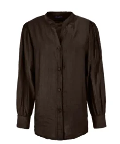 FOS Amsterdam dames Boho doorknoopblouse in donkerbruin met opstaande kraag, v-hals en pofmouwen