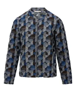 Dreamstar dames bomberjasje Sandrea met grafisch cirkelpatroon in indigo blauw en bruin voorzien van ritssluiting