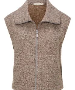 Dreamstar dames teddy gilet Hessel in gemêleerd taupe met ritssluiting, platte kraag en steekzakken