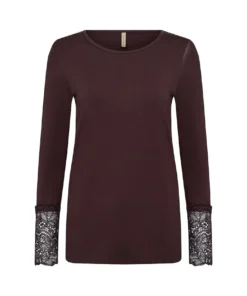Soyaconcept dames shirt SC-Marica 226 in warm bruin met boothals en opengewerkt kanten manchet aan de mouwen