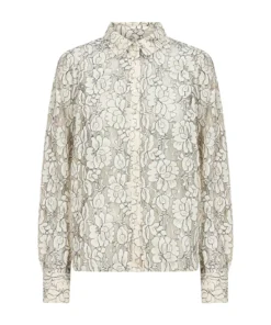 Soyaconcept dames blouse SC-Jiba 2 in ecru bloemenkant met zwarte accentlijnen, klassieke kraag en knoopsluiting