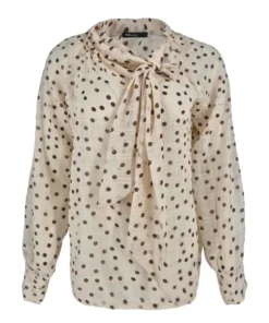FOS Amsterdam dames top Boghi in beige met bruine stippen en een decoratief strikje aan de hals