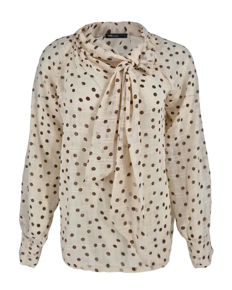 FOS Amsterdam dames top Boghi in beige met bruine stippen en een decoratief strikje aan de hals