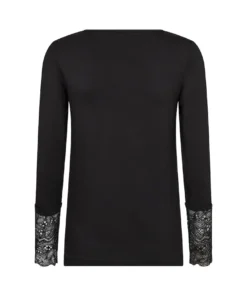 Soyaconcept dames shirt SC-Marica 226 in uni zwart met boothals en opengewerkt kant aan de mouwen_achter
