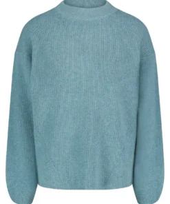Betty Barclay dames trui in mintgroen ribbreisel met opstaande kraag en oversized mouwen