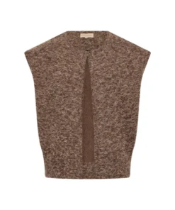 Soyaconcept dames gilet Hira van zacht pluizig gebreid garen in taupe met zakken en ronde hals