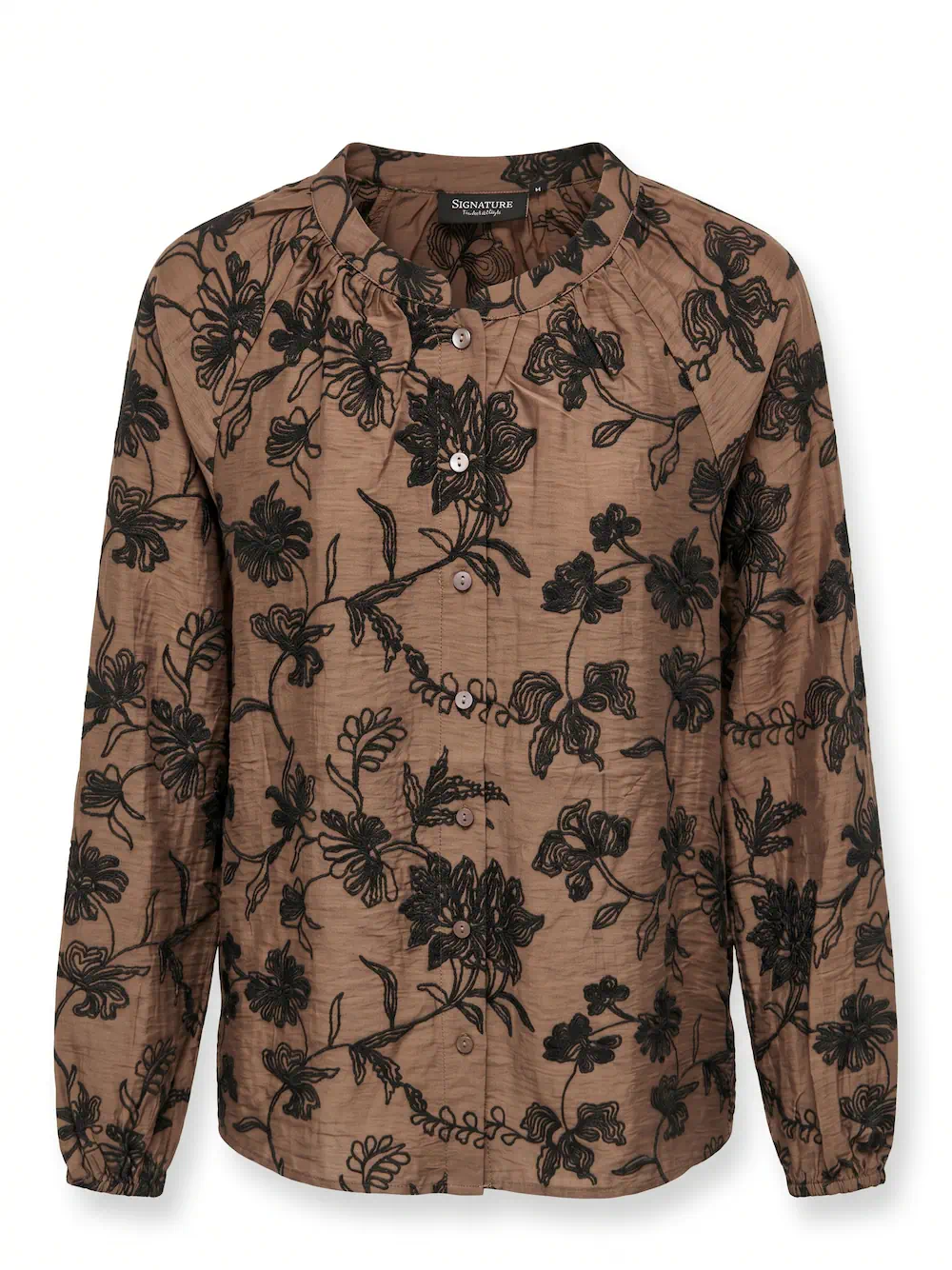 Signature dames blouse in bruin met opgestikte zwarte bloemen, knoopsluiting en lange mouwen