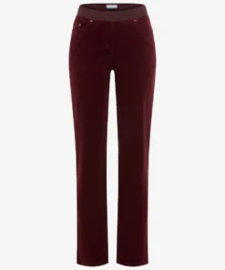 Raphaela by Brax dames broek Pamina in bordeauxrode corduroy kwaliteit met comfortabele elastische band en rechte pijpen