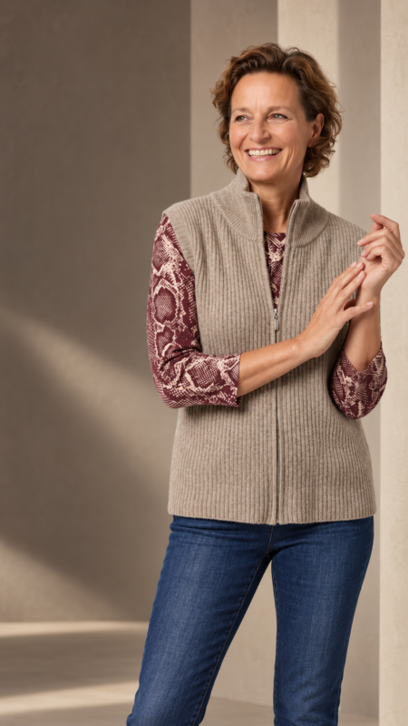 Lachende vrouw in een taupekleurige gebreide gilet over een bordeauxrode blouse, gefotografeerd in een warme, luxe studio voor Lancomode.