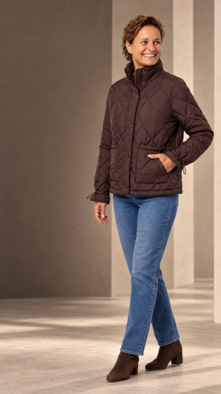 Lachende vrouw in een bruine doorgestikte winterjas en blauwe jeans, gefotografeerd in een warme, luxe studio van Lancomode.