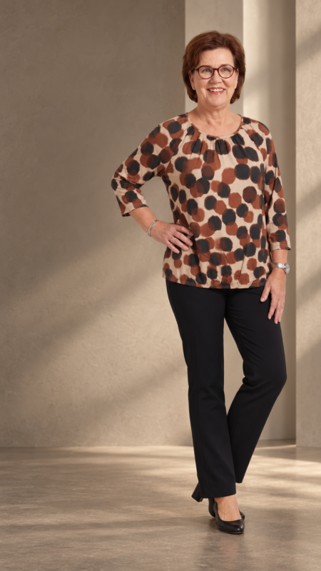 Een medewerkster van Lancomode draagt kleding voor de oudere vrouw