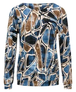 Dreamstar dames truitje Juno met abstracte grafische print in blauw, wit en bruin voorzien van elastische onderzoom
