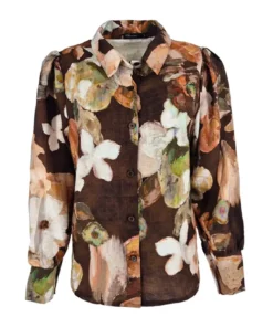 FOS Amsterdam dames doorknoopblouse Evita met aquarel bloemenboeket dessin in bruin en crèmetinten