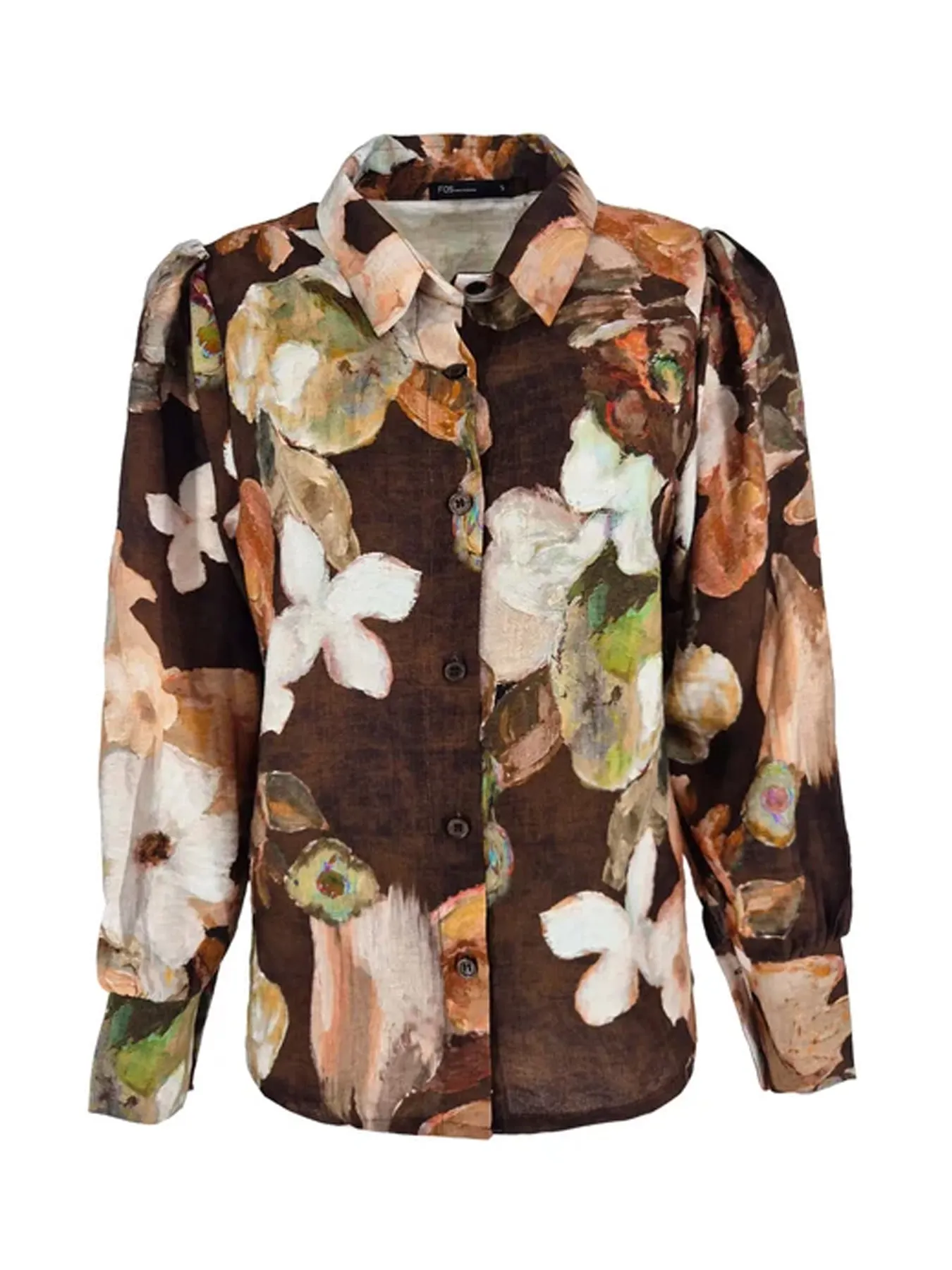 FOS Amsterdam dames doorknoopblouse Evita met aquarel bloemenboeket dessin in bruin en crèmetinten