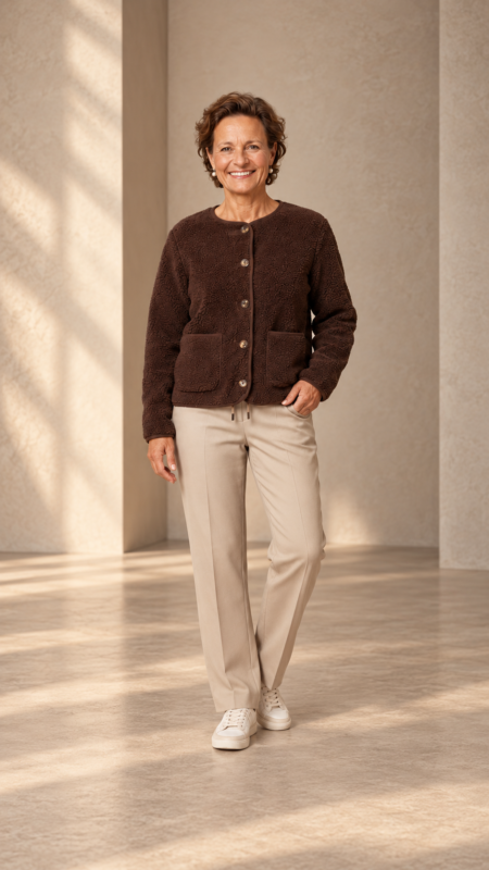 Smiling mature woman wearing a brown textured jacket and beige trousers in a warm, neutral studio.