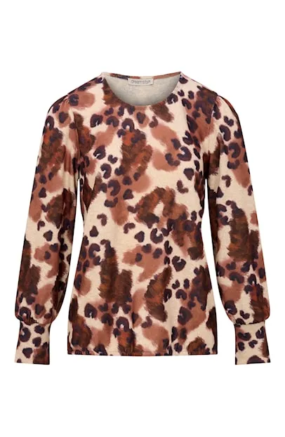 Dreamstar dames shirt Hazel in bruinmix met trendy animal print, ronde hals en lange mouwen