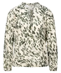 Dreamstar dames blouson top Gio met abstracte dierenprint in olijfgroen en ivoor voorzien van strikkoordje en elastische zoom