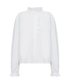 Soyaconcept dames blouse SC-Netti 143 in wit biokatoen met ruches langs de kraag, knooplijst en mouwen