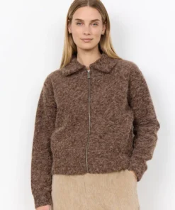 Soyaconcept dames jasje Hira van pluizig gebreid materiaal in taupe met ritssluiting en platte kraag_model