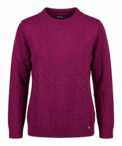 Golléhaug dames trui in donker cerise met grafisch zigzag reliëfpatroon, lange mouwen en ronde hals