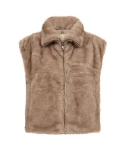 Soyaconcept dames gilet Haye van zacht teddy imitatiebont in beige met ritssluiting en opstaande kraag