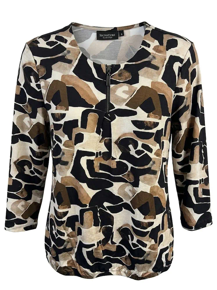 Signature dames blouson met 3/4 mouw in zwart, camel en beige met een modern grafisch dessin en korte halsrits