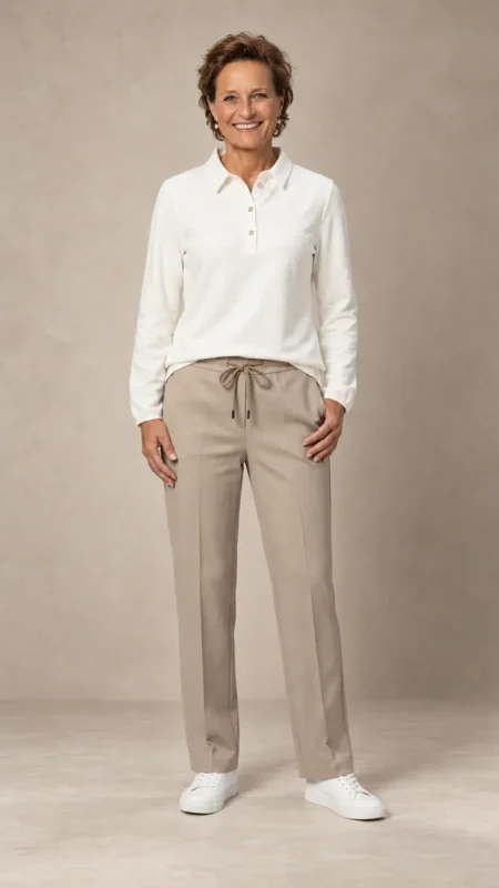 Glimlachende vrouw in een wit poloshirt en een beige instapbroek met elastische band en koord van Relaxed by Toni