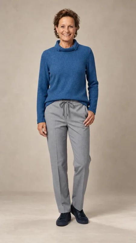 Glimlachende vrouw in een blauwe coltrui en een grijze instapbroek met elastische band en koord van Relaxed by Toni